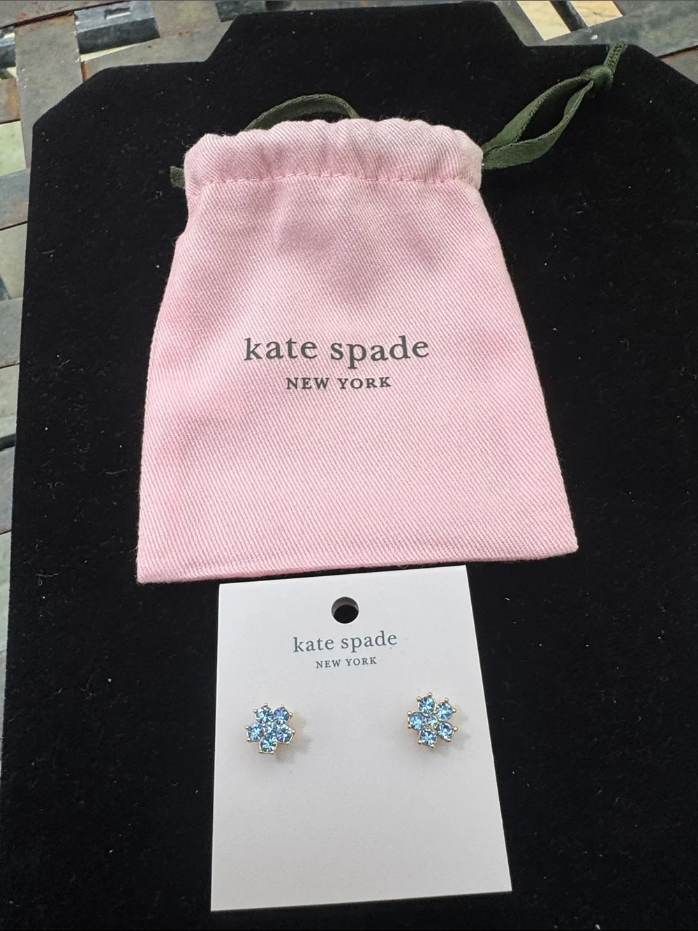 kate spade earrings Blue Crystal Flower Stud Earrings with Pink Pouch